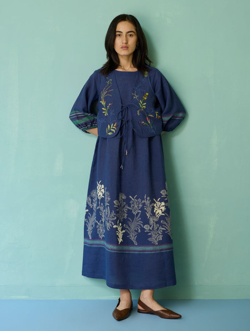 Eon Hand-Embroidered Floral Vest - Indigo linen jacket/overlay by Manan in navy for women Worldwide