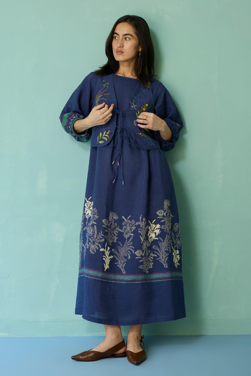 Eon Hand-Embroidered Floral Vest - Indigo linen jacket/overlay by Manan in navy for women Worldwide