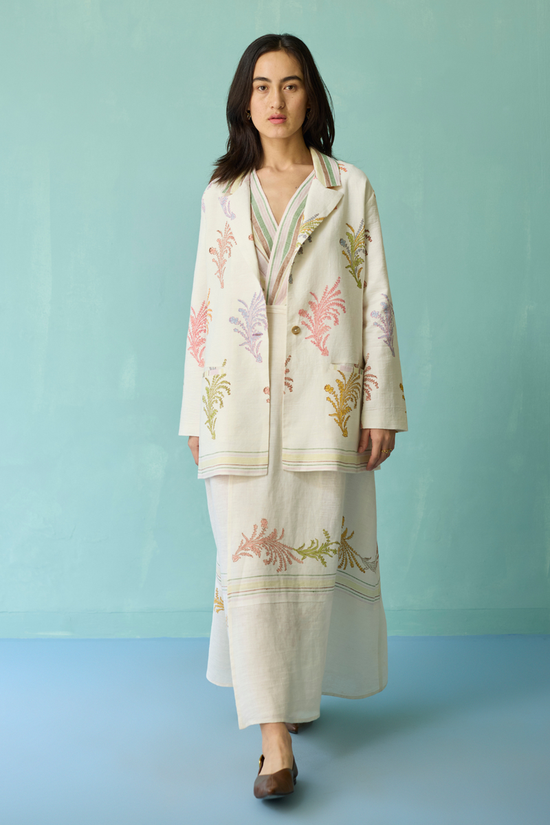 Arya Block Printed Floral Blazer - Ivory linen jacket/overlay by Manan in ivory for women Worldwide