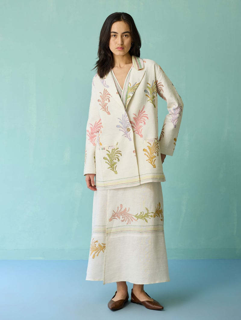 Arya Block Printed Floral Blazer - Ivory linen jacket/overlay by Manan in ivory for women Worldwide