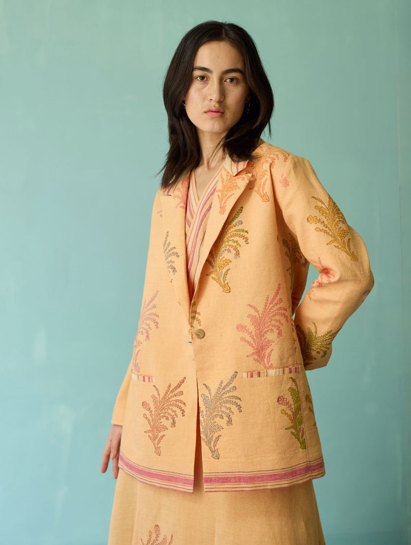Arya Block Printed Floral Blazer - Apricot linen jacket/overlay by Manan in apricot for women Worldwide
