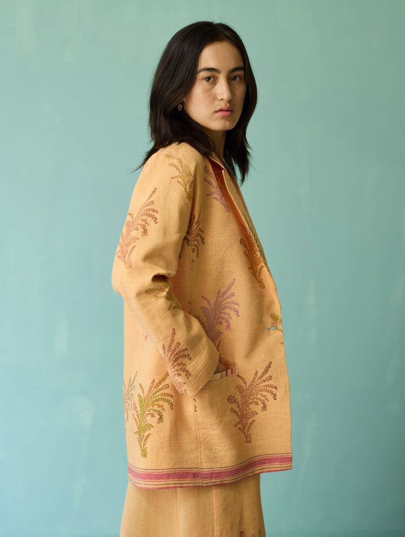 Arya Block Printed Floral Blazer - Apricot linen jacket/overlay by Manan in apricot for women Worldwide