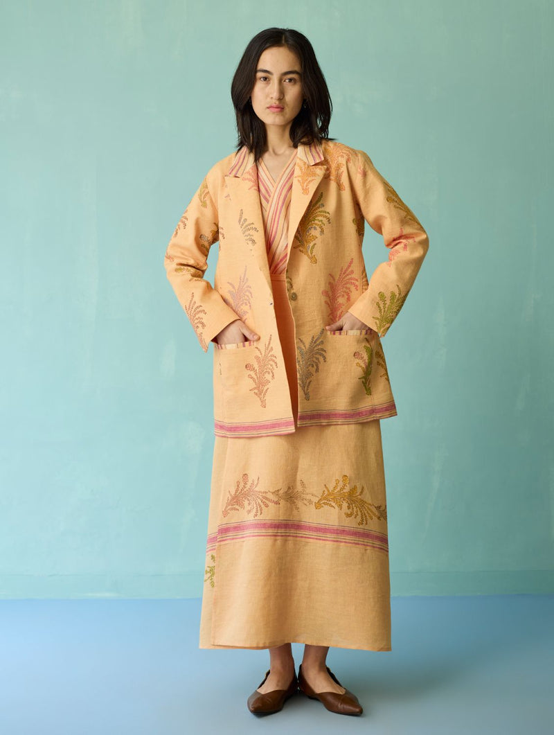 Arya Block Printed Floral Blazer - Apricot linen jacket/overlay by Manan in apricot for women Worldwide