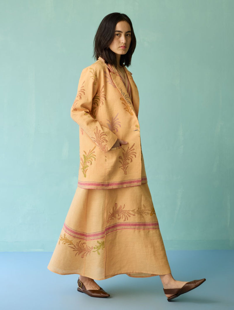 Arya Block Printed Floral Blazer - Apricot linen jacket/overlay by Manan in apricot for women Worldwide
