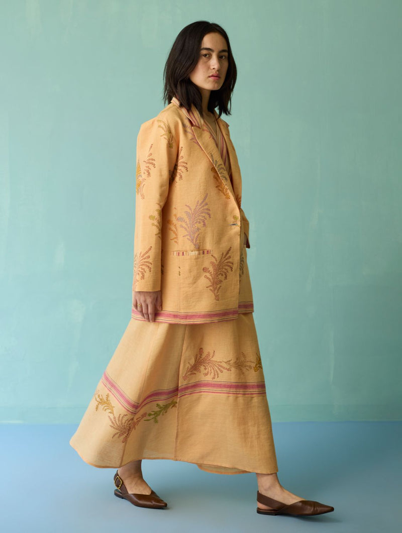 Arya Block Printed Floral Blazer - Apricot linen jacket/overlay by Manan in apricot for women Worldwide
