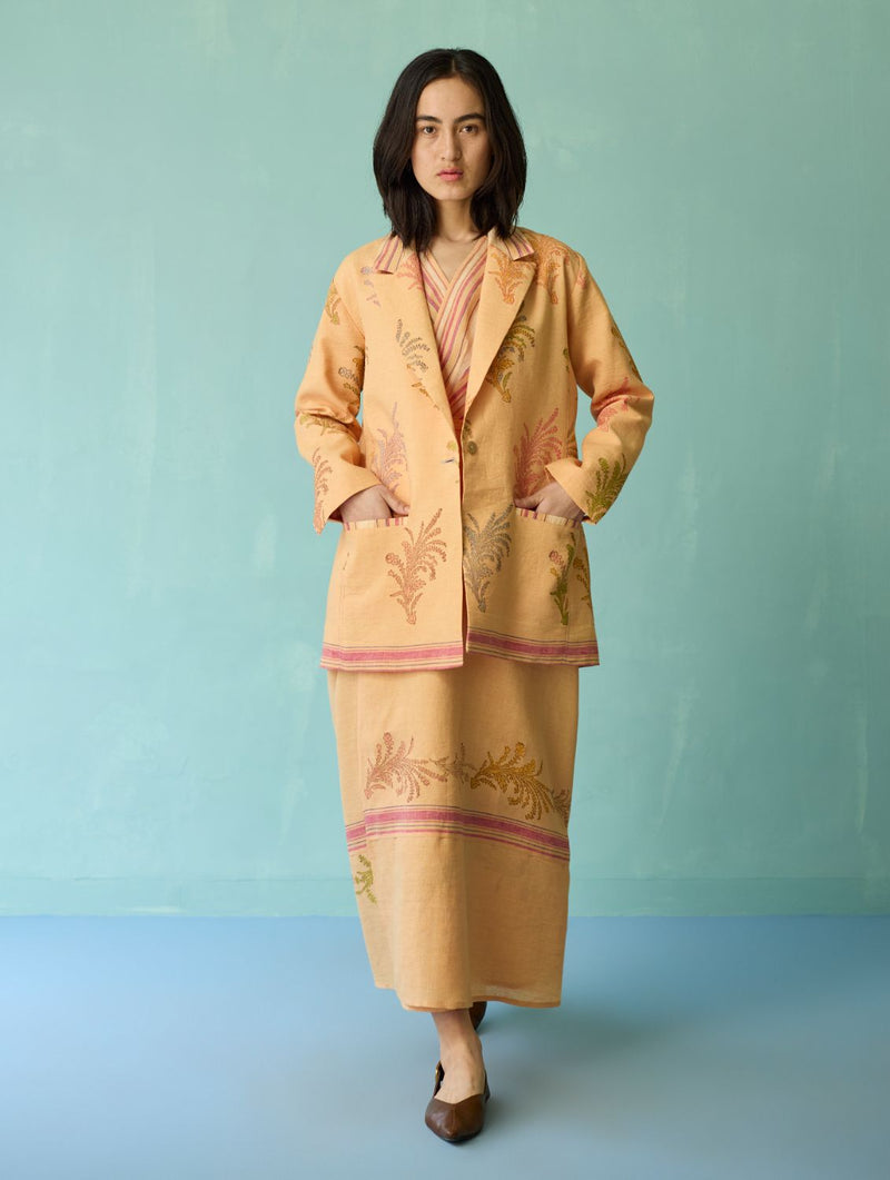 Arya Block Printed Floral Blazer - Apricot linen jacket/overlay by Manan in apricot for women Worldwide