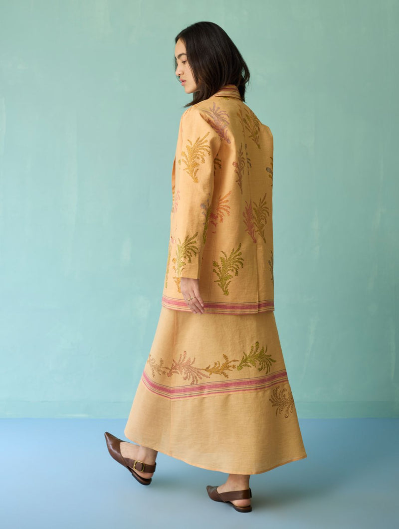 Arya Block Printed Floral Blazer - Apricot linen jacket/overlay by Manan in apricot for women Worldwide