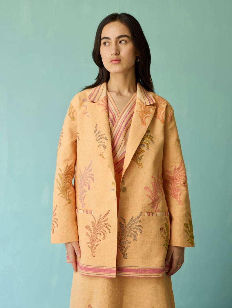 Arya Block Printed Floral Blazer - Apricot linen jacket/overlay by Manan in apricot for women Worldwide