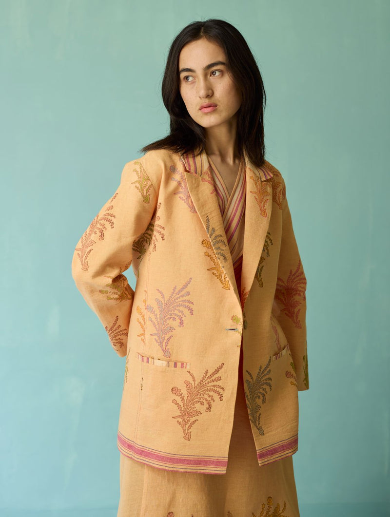 Arya Block Printed Floral Blazer - Apricot linen jacket/overlay by Manan in apricot for women Worldwide