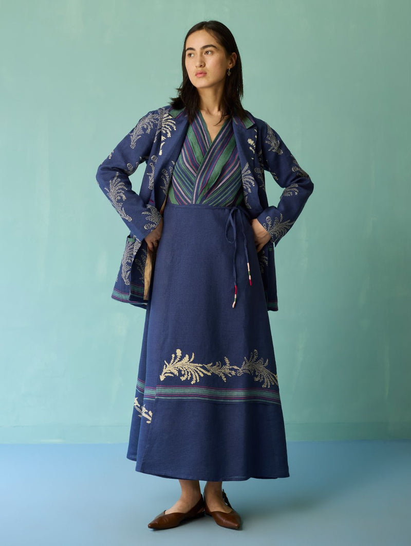 Arya Block Printed Floral Blazer - Indigo linen jacket/overlay by Manan in navy for women Worldwide