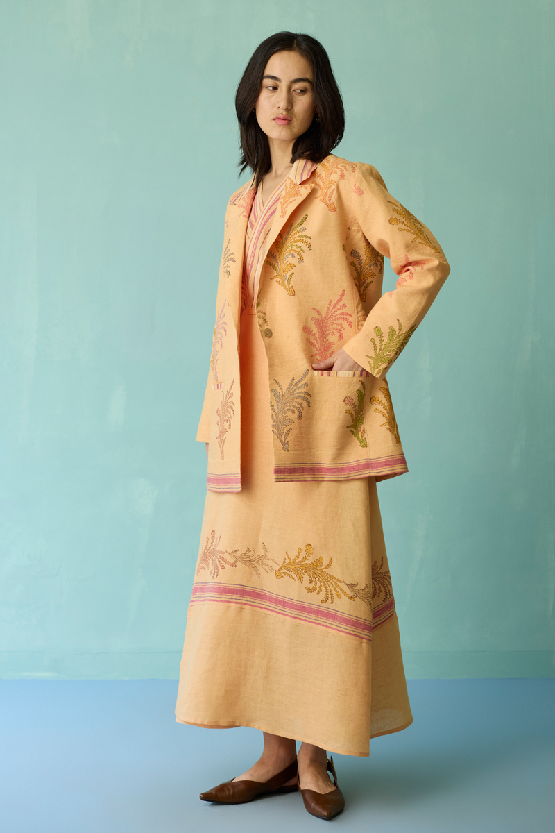 Arya Block Printed Floral Blazer - Apricot linen jacket/overlay by Manan in apricot for women Worldwide