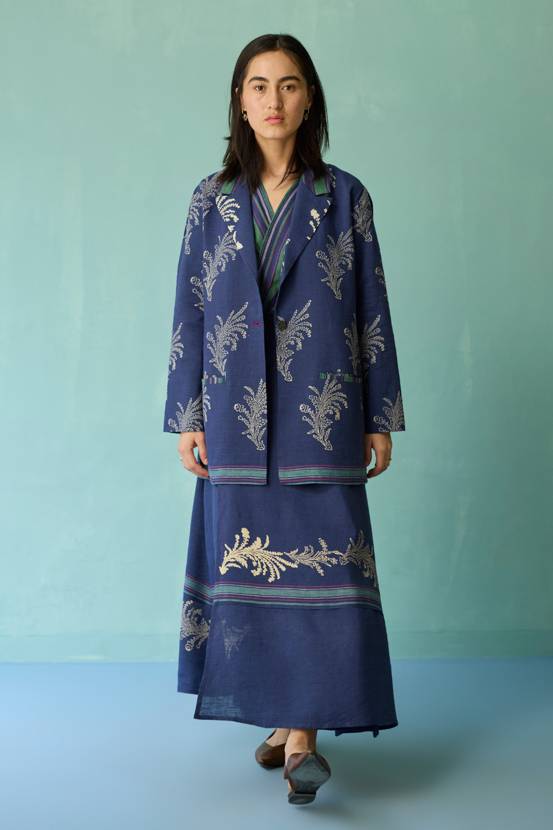 Arya Block Printed Floral Blazer - Indigo linen jacket/overlay by Manan in navy for women Worldwide