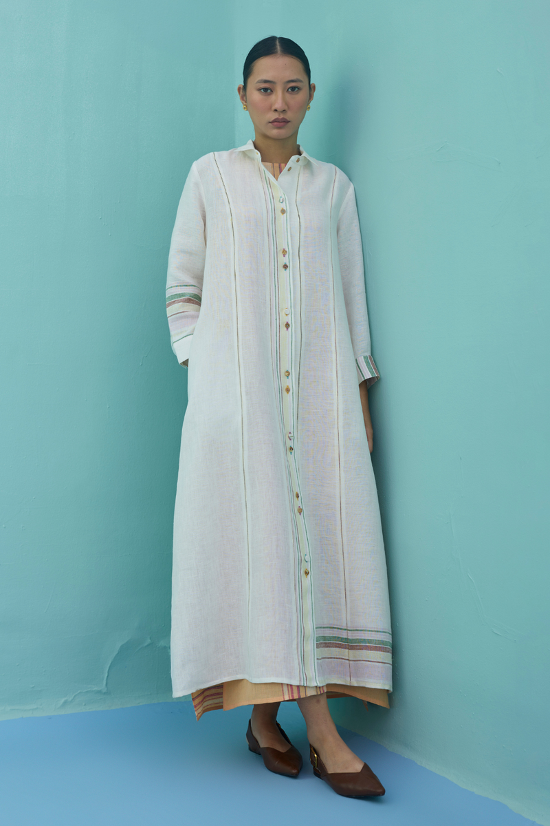 Kara Long Linen Overlay - Ivory linen jacket/overlay by Manan in ivory for women Worldwide