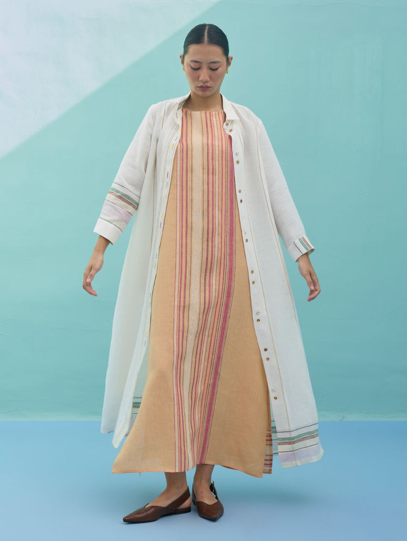 Kara Long Linen Overlay - Ivory linen jacket/overlay by Manan in ivory for women Worldwide