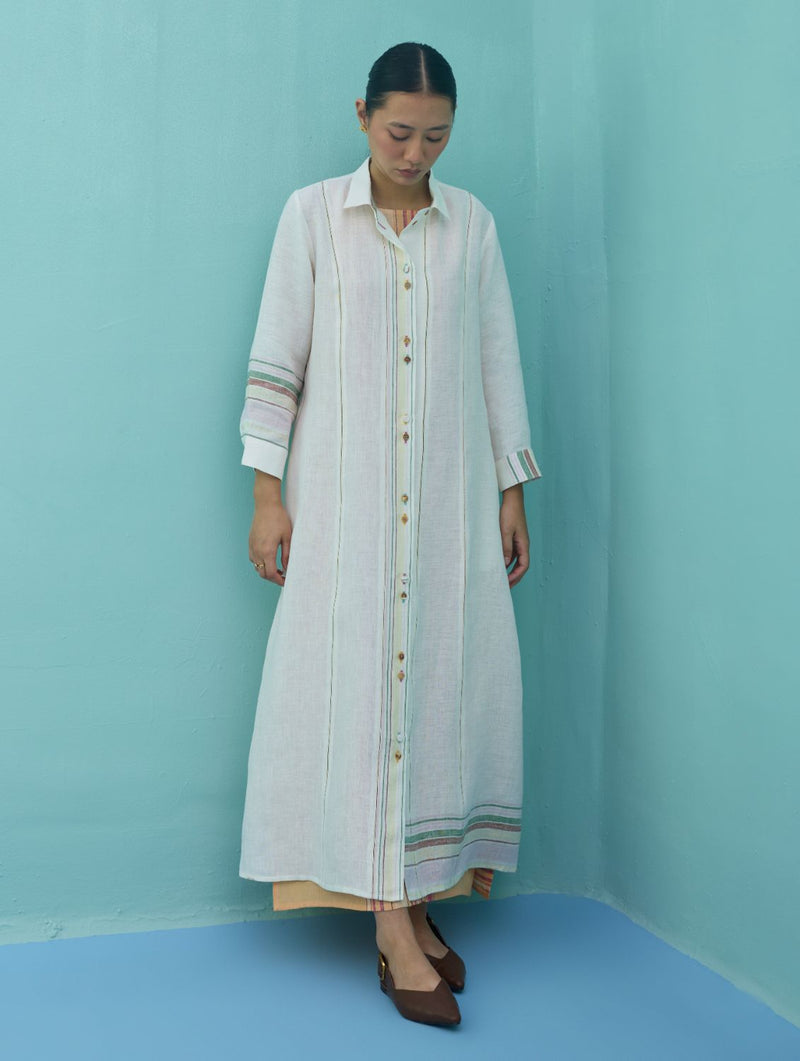 Kara Long Linen Overlay - Ivory linen jacket/overlay by Manan in ivory for women Worldwide