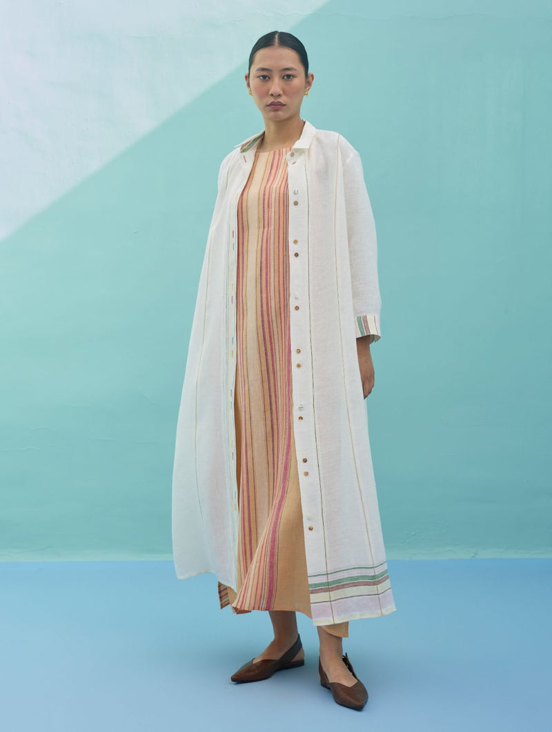 Kara Long Linen Overlay - Ivory linen jacket/overlay by Manan in ivory for women Worldwide