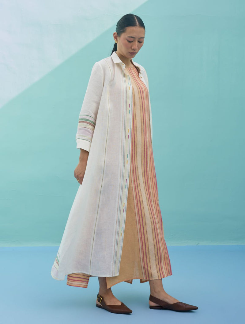 Kara Long Linen Overlay - Ivory linen jacket/overlay by Manan in ivory for women Worldwide
