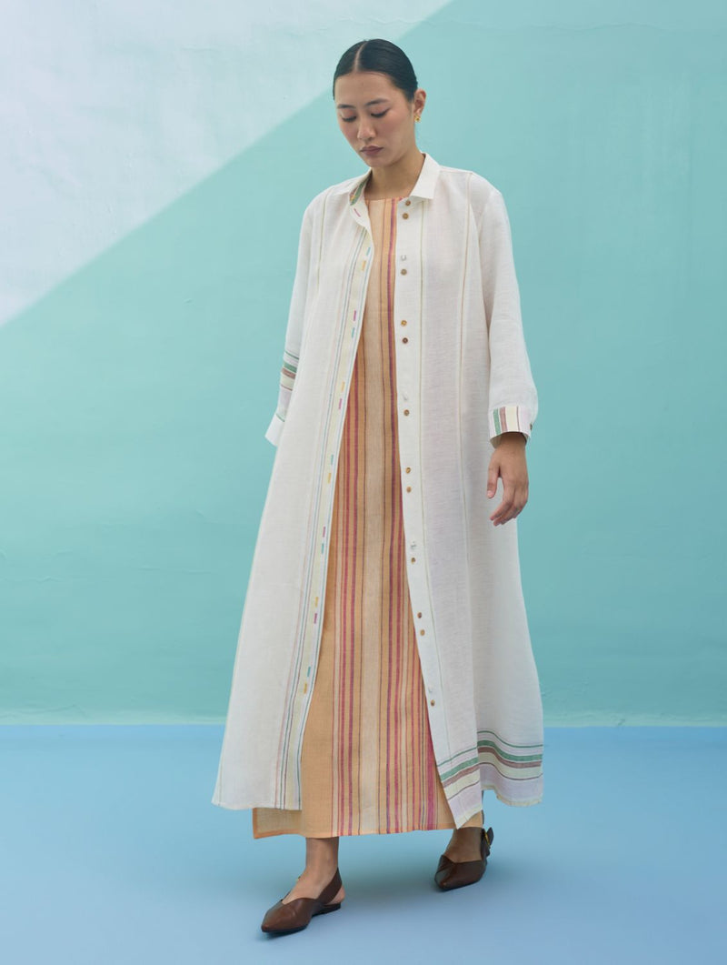 Kara Long Linen Overlay - Ivory linen jacket/overlay by Manan in ivory for women Worldwide