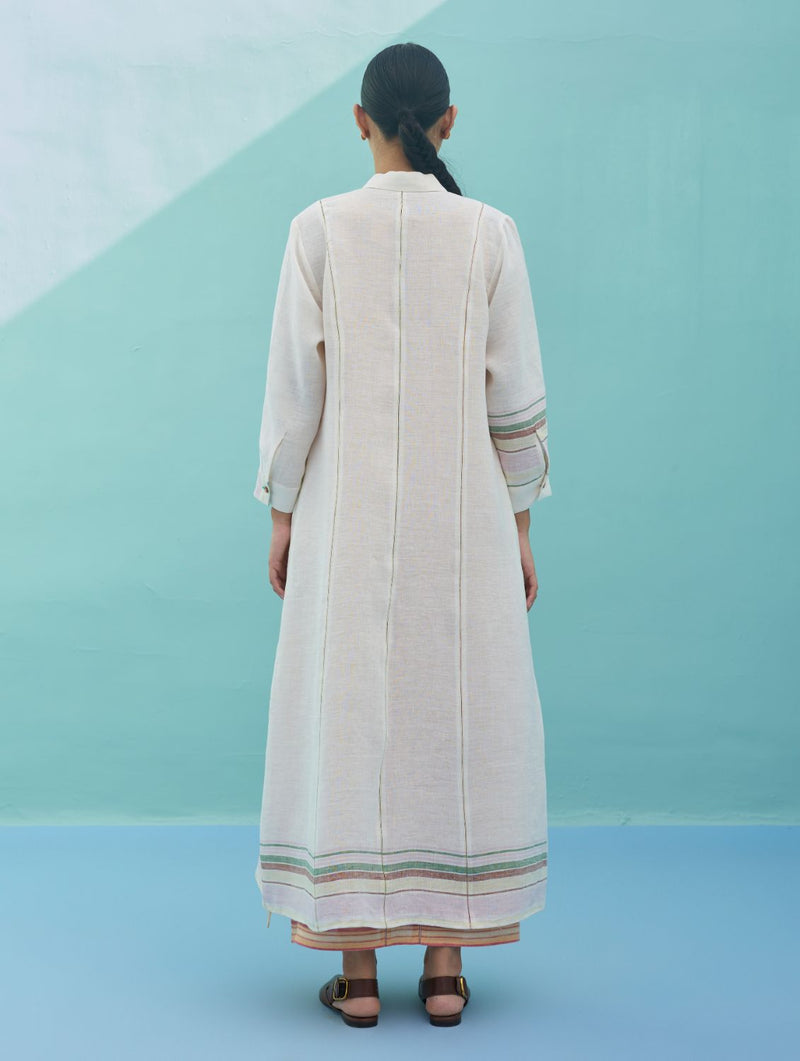 Kara Long Linen Overlay - Ivory linen jacket/overlay by Manan in ivory for women Worldwide