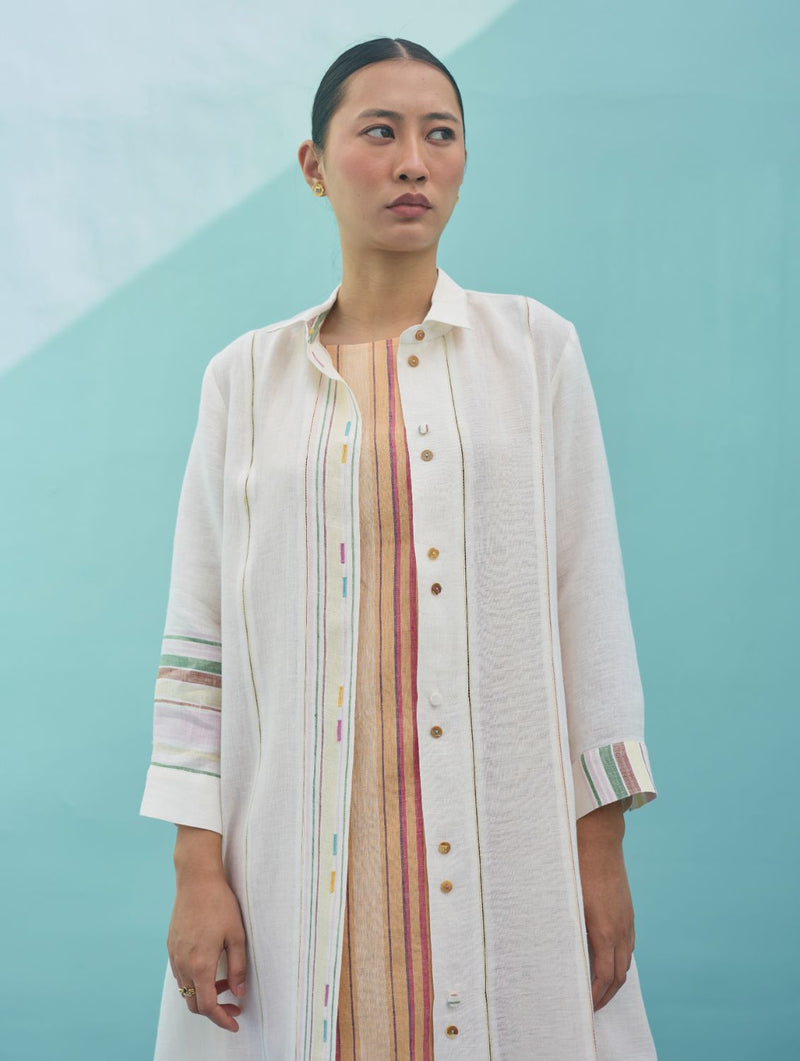 Kara Long Linen Overlay - Ivory linen jacket/overlay by Manan in ivory for women Worldwide