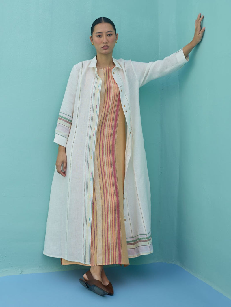Kara Long Linen Overlay - Ivory linen jacket/overlay by Manan in ivory for women Worldwide
