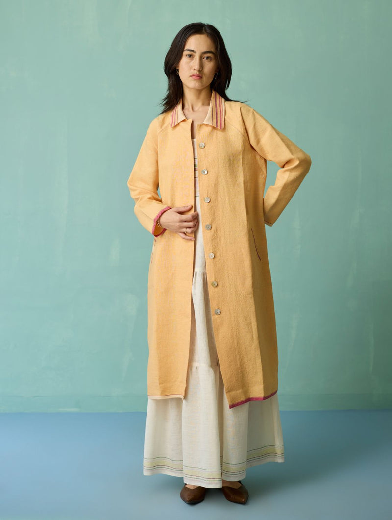 Kara Long Linen Overlay - Apricot linen jacket/overlay by Manan in apricot for women Worldwide