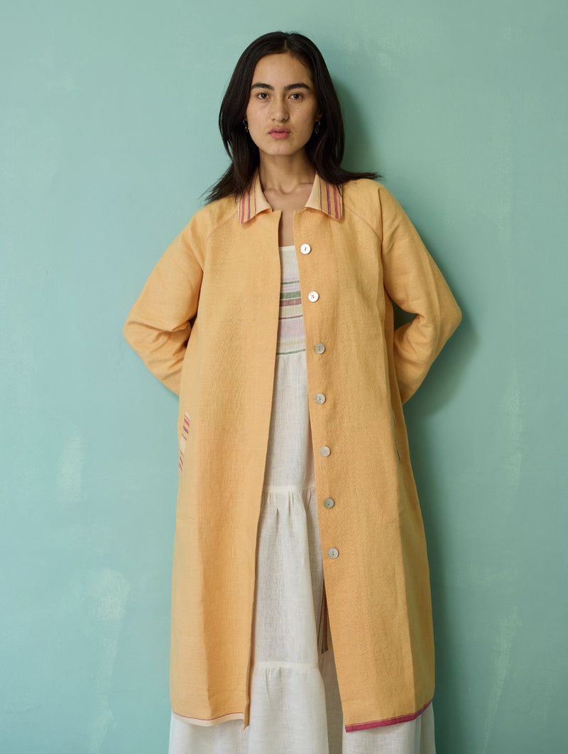 Kara Long Linen Overlay - Apricot linen jacket/overlay by Manan in apricot for women Worldwide