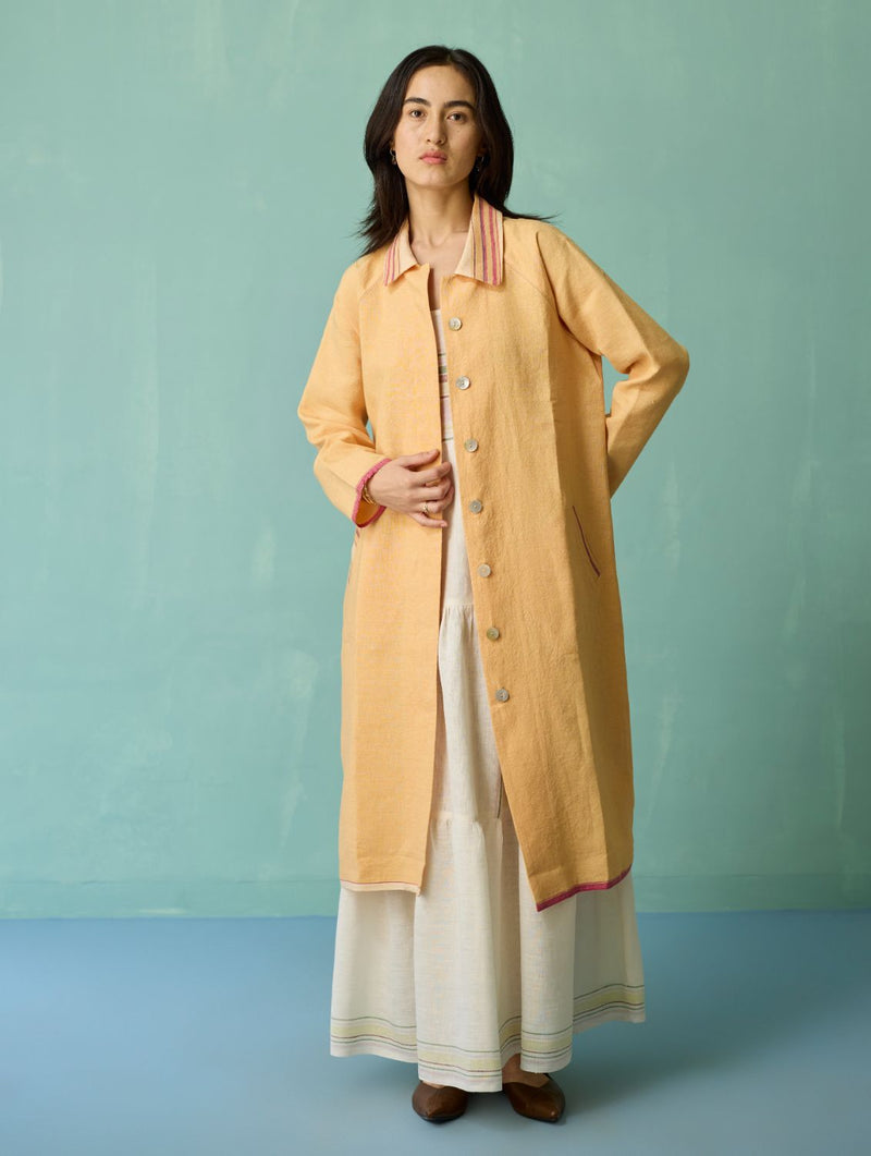 Kara Long Linen Overlay - Apricot linen jacket/overlay by Manan in apricot for women Worldwide