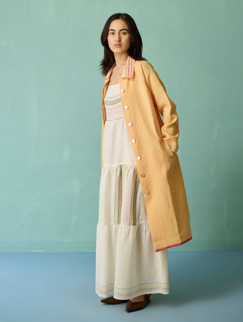 Kara Long Linen Overlay - Apricot linen jacket/overlay by Manan in apricot for women Worldwide