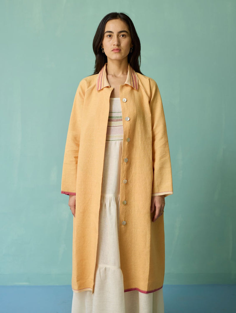 Kara Long Linen Overlay - Apricot linen jacket/overlay by Manan in apricot for women Worldwide