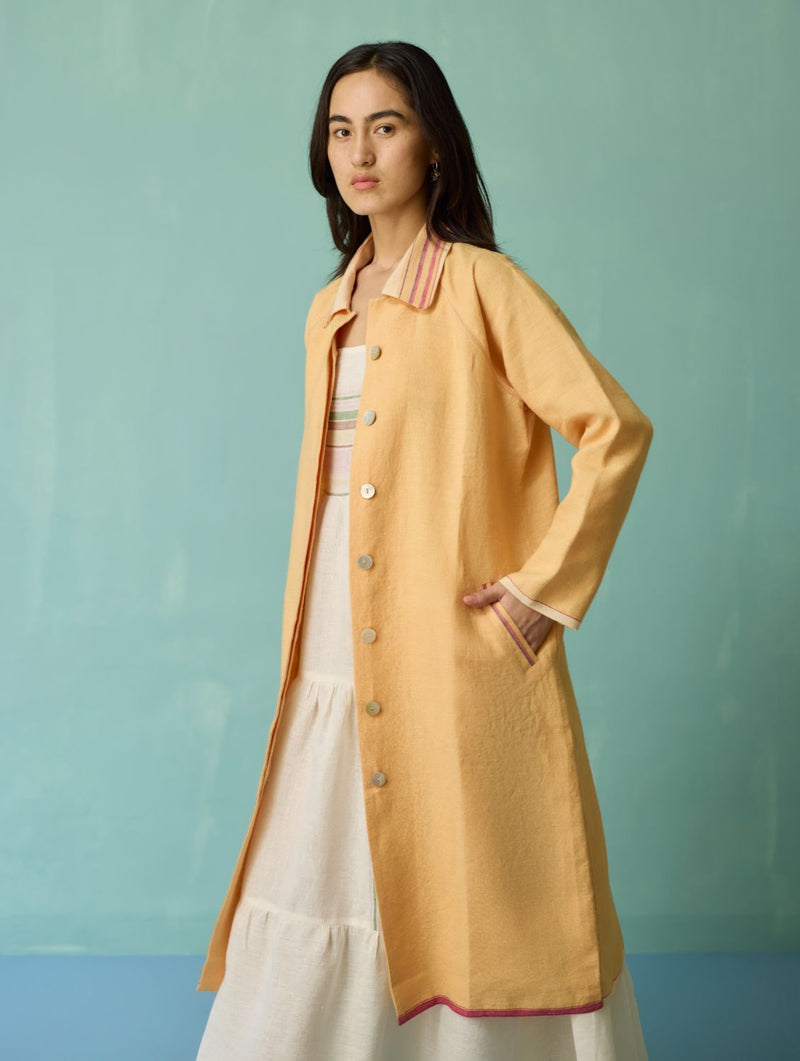 Kara Long Linen Overlay - Apricot linen jacket/overlay by Manan in apricot for women Worldwide