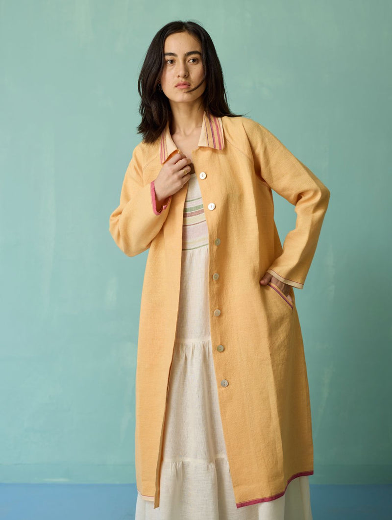 Kara Long Linen Overlay - Apricot linen jacket/overlay by Manan in apricot for women Worldwide