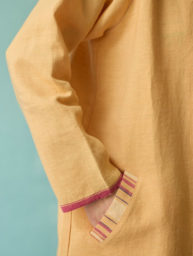 Kara Long Linen Overlay - Apricot linen jacket/overlay by Manan in apricot for women Worldwide