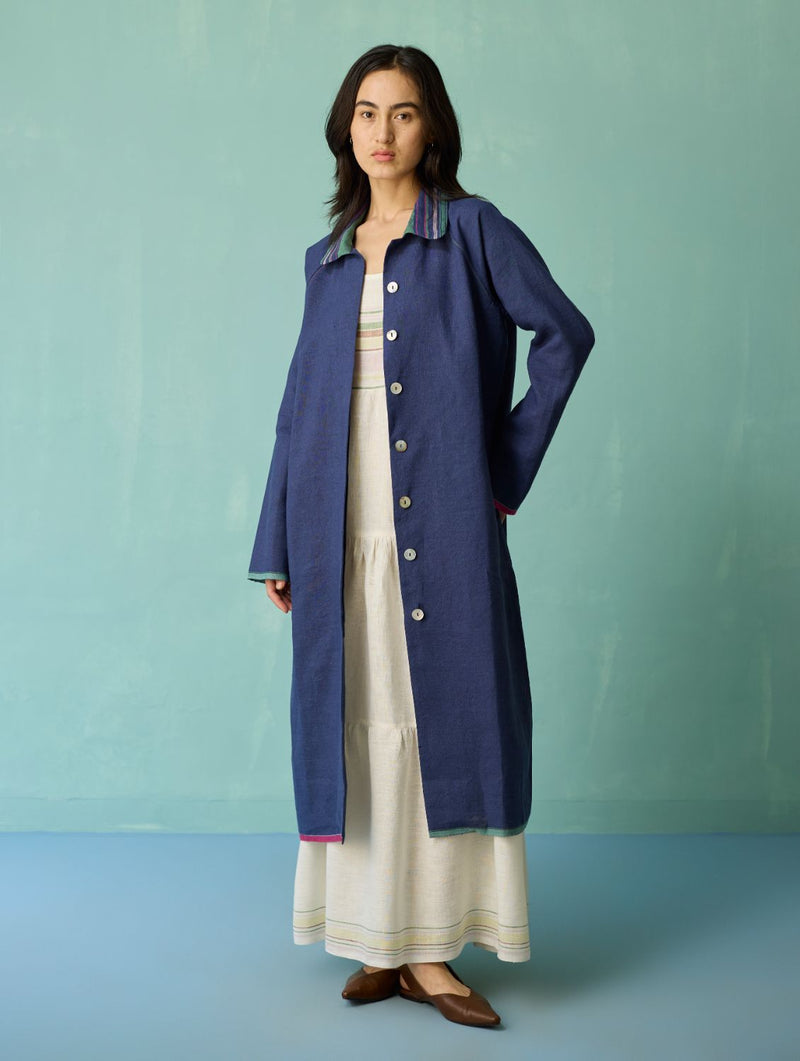 Kara Long Linen Overlay - Indigo linen jacket/overlay by Manan in navy for women Worldwide