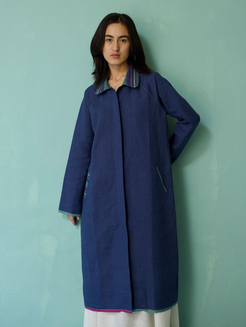 Kara Long Linen Overlay - Indigo linen jacket/overlay by Manan in navy for women Worldwide