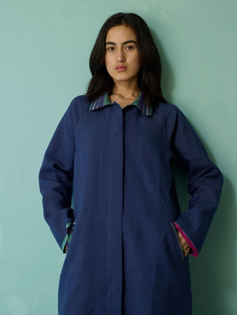 Kara Long Linen Overlay - Indigo linen jacket/overlay by Manan in navy for women Worldwide
