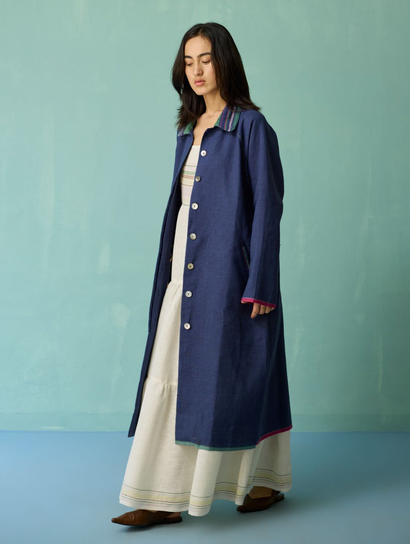 Kara Long Linen Overlay - Indigo linen jacket/overlay by Manan in navy for women Worldwide