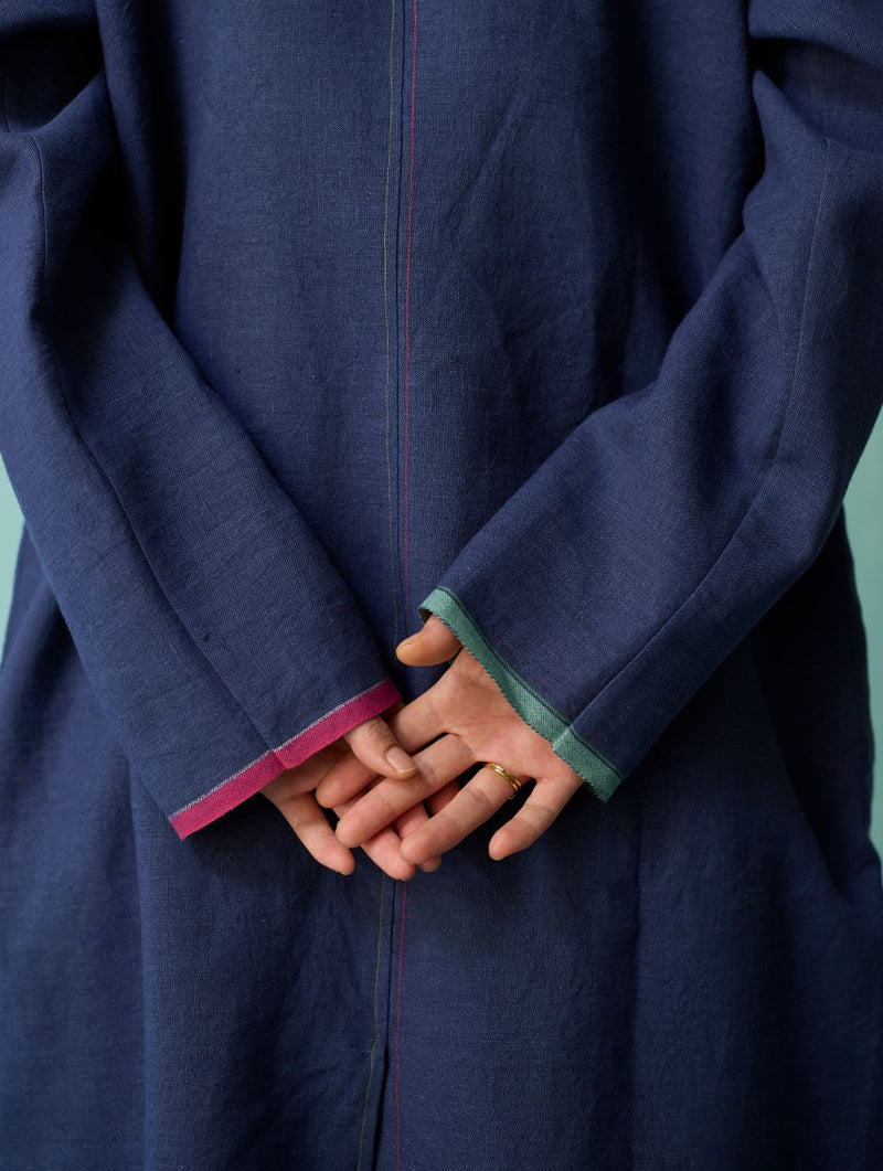 Kara Long Linen Overlay - Indigo linen jacket/overlay by Manan in navy for women Worldwide