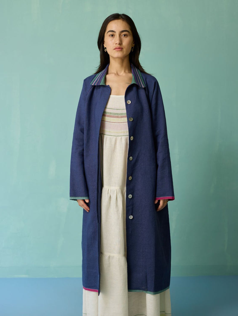 Kara Long Linen Overlay - Indigo linen jacket/overlay by Manan in navy for women Worldwide