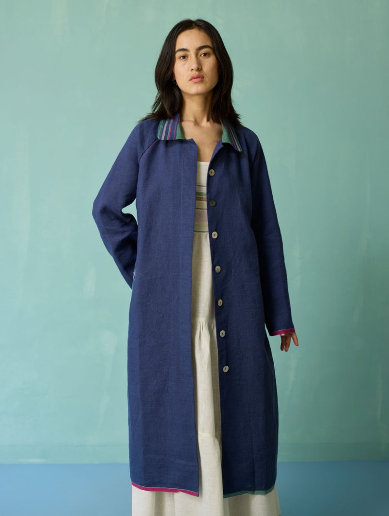 Kara Long Linen Overlay - Indigo linen jacket/overlay by Manan in navy for women Worldwide