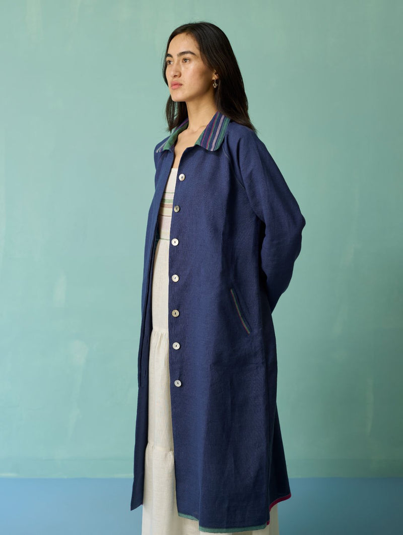 Kara Long Linen Overlay - Indigo linen jacket/overlay by Manan in navy for women Worldwide