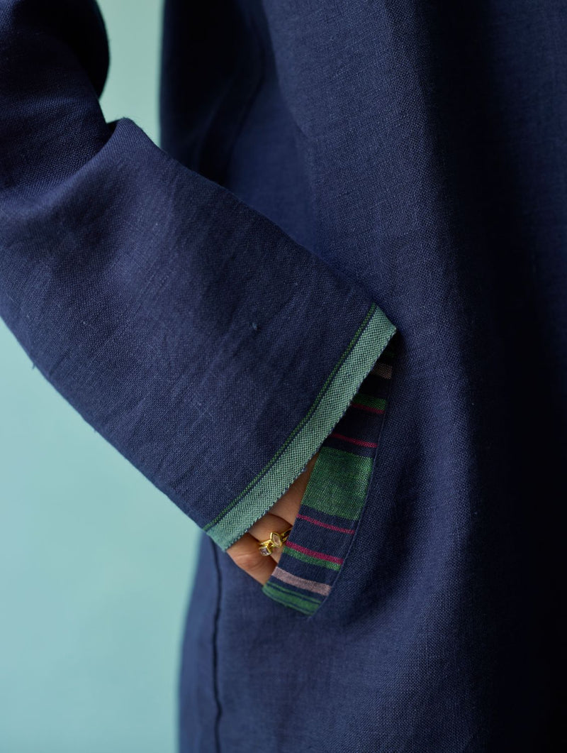 Kara Long Linen Overlay - Indigo linen jacket/overlay by Manan in navy for women Worldwide