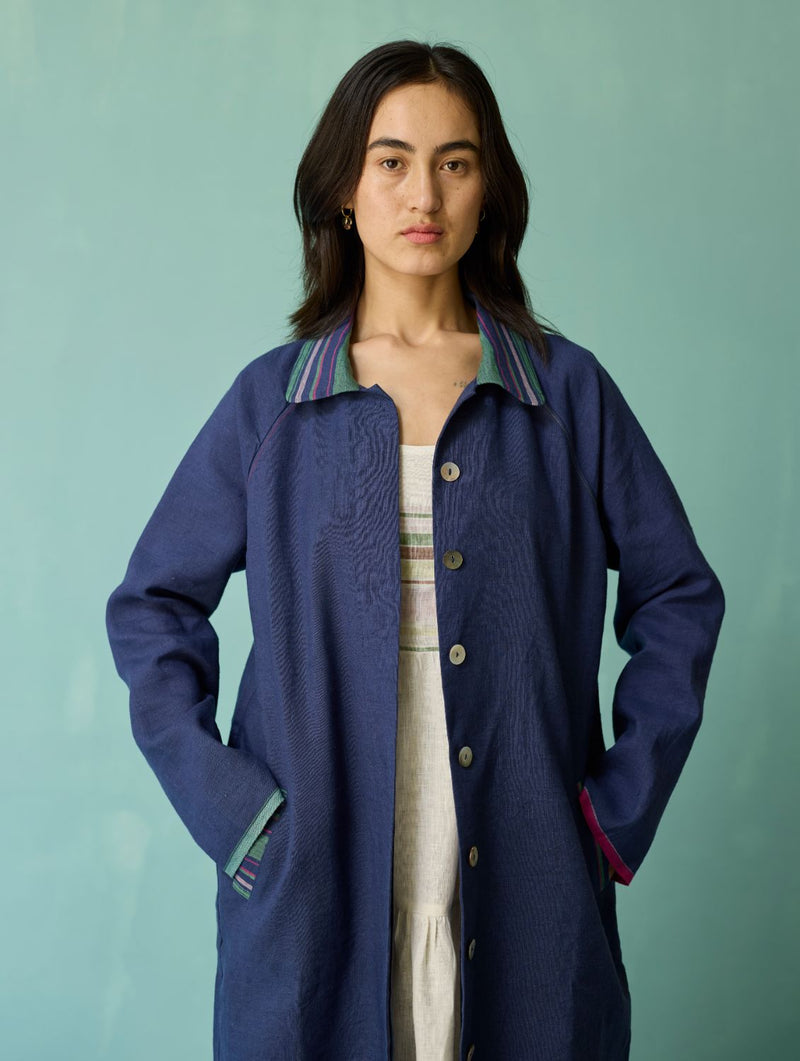 Kara Long Linen Overlay - Indigo linen jacket/overlay by Manan in navy for women Worldwide