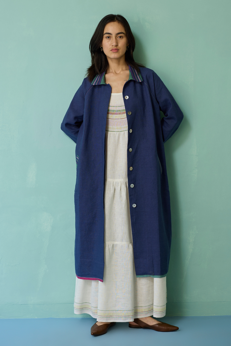 Kara Long Linen Overlay - Indigo linen jacket/overlay by Manan in navy for women Worldwide