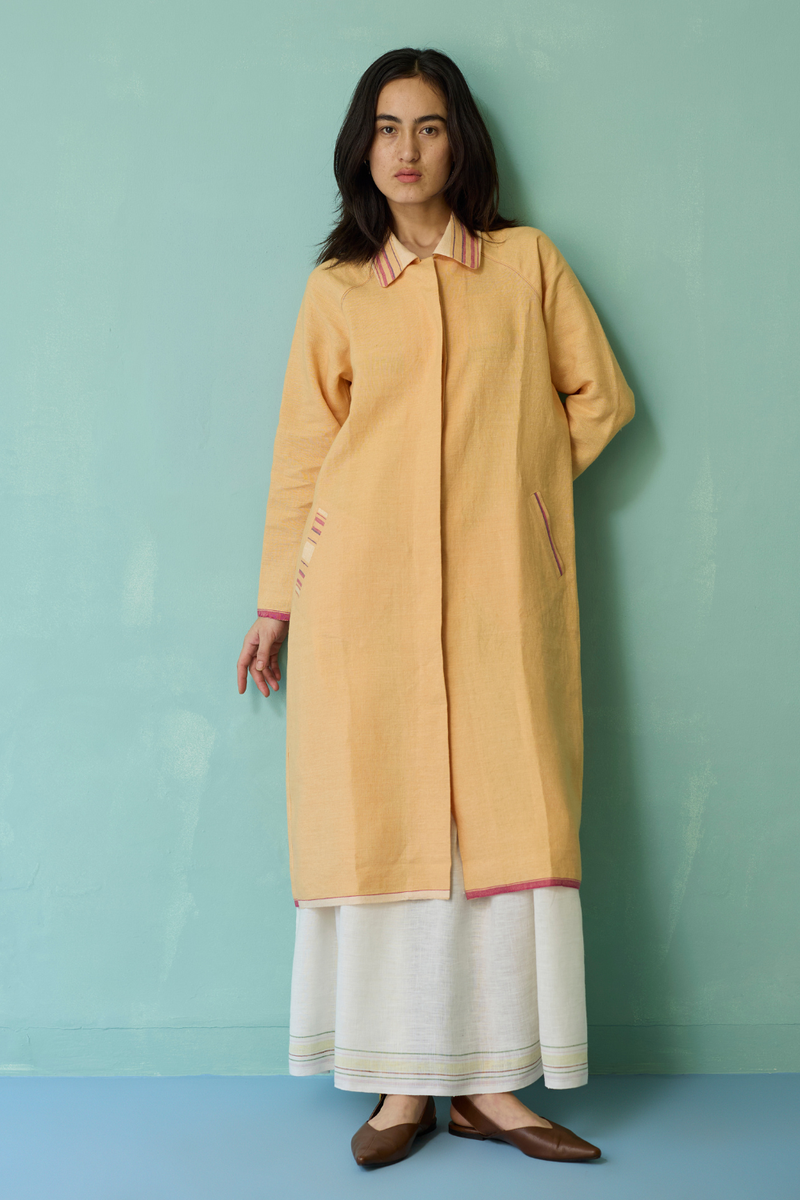 Kara Long Linen Overlay - Apricot linen jacket/overlay by Manan in apricot for women Worldwide