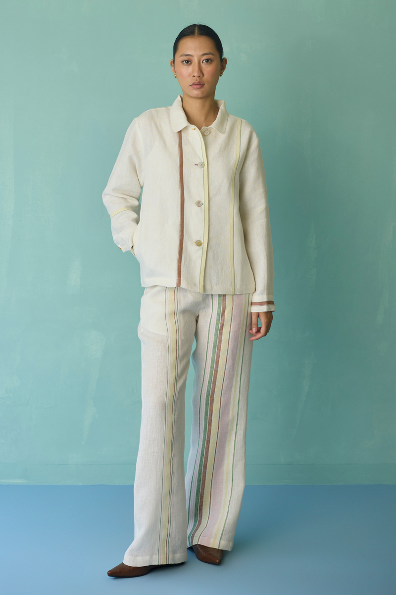 Della Border Linen Jacket - Ivory linen jacket/overlay by Manan in ivory for women Worldwide