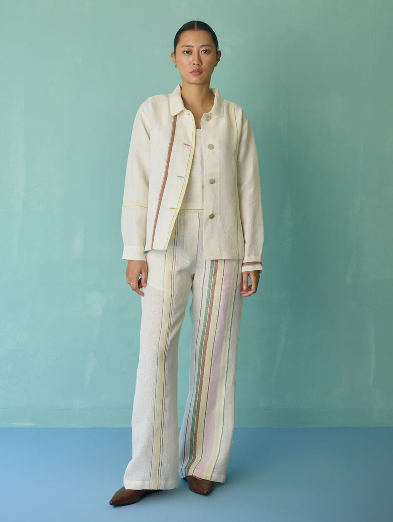 Della Border Linen Jacket - Ivory linen jacket/overlay by Manan in ivory for women Worldwide