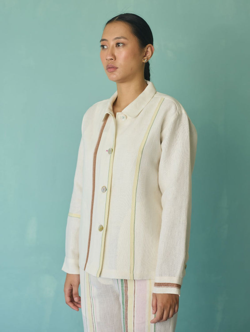 Della Border Linen Jacket - Ivory linen jacket/overlay by Manan in ivory for women Worldwide