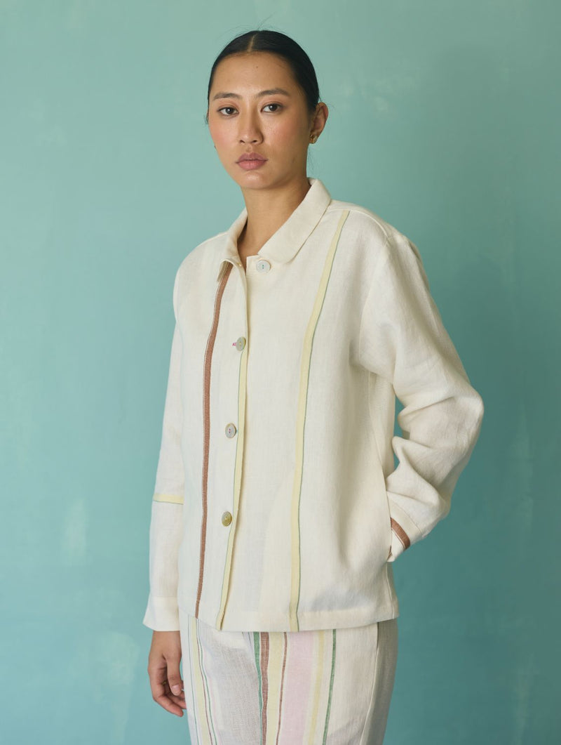 Della Border Linen Jacket - Ivory linen jacket/overlay by Manan in ivory for women Worldwide