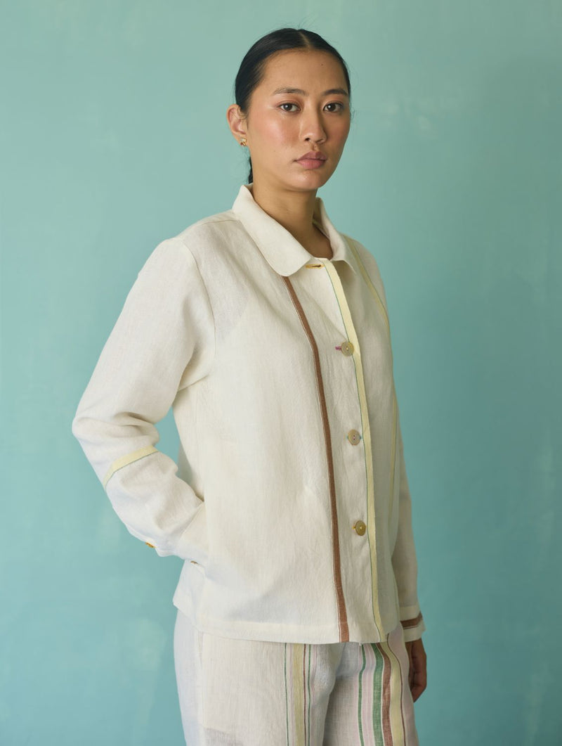 Della Border Linen Jacket - Ivory linen jacket/overlay by Manan in ivory for women Worldwide